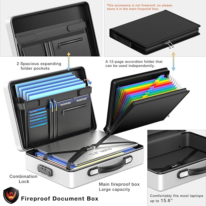 Fireproof Document Box with Fireproof Zipper, Hard Inner Shell Fireproof Document Bag with Lock, Fireproof Water Resistant Important Document Organizer 16 inch Laptop File Briefcase (Silver)-DeskLoop Office