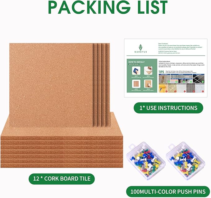 12 Pack Cork Bulletin Board 12 x 12 Inch - 1/2" Thick Cork Board Tiles,Self-Adhesive Frameless Cork Tiles Wall Decor with 100 PCS Pushpins for DIY, Office, School and Home Decor-DeskLoop Office