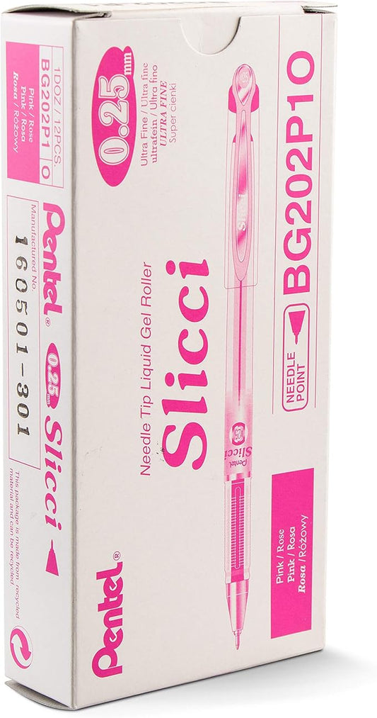 Pentel Arts Slicci 0.25 mm Extra Fine Gel Pen, Pink Ink, Box of 12 (BG202-P1)-DeskLoop Office