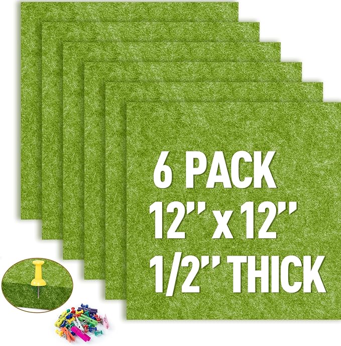 AKTOP Cork Bulletin Board 12x12, 1/2" Thick Felt Cork Board Tiles 6 Pack, Small Square Pin Board for Wall, Self Adhesive Corkboards with 60 Push Pin Wood Clips for School, Home & Office, Green-DeskLoop Office