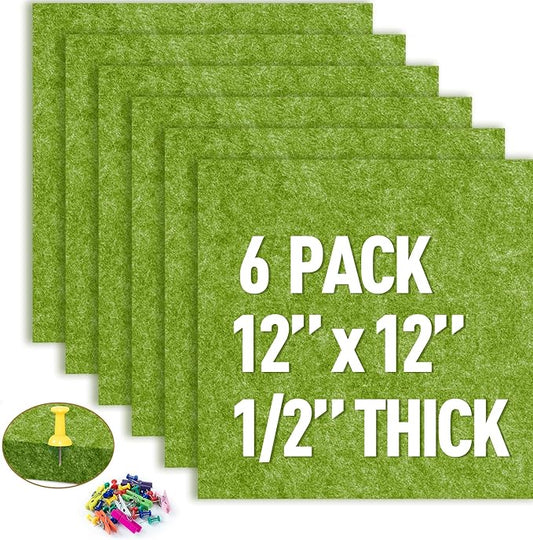AKTOP Cork Bulletin Board 12x12, 1/2" Thick Felt Cork Board Tiles 6 Pack, Small Square Pin Board for Wall, Self Adhesive Corkboards with 60 Push Pin Wood Clips for School, Home & Office, Green-DeskLoop Office