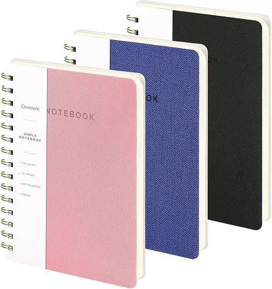 Lined Spiral Notebook College Ruled A5 Journal Book for Note Taking, 160 Pages Writing Journal for Office and Home School Supplies 5.75x8.125 inch (3pack-Pink/NavyBlue/Black)-DeskLoop Office