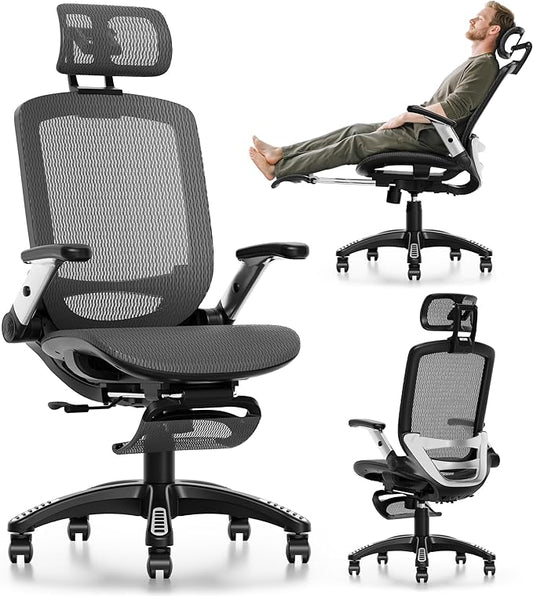 GABRYLLY Ergonomic Office Chair with Footrest, High Back Home Desk Chair - 3D Headrest, Flip-Up Arms, 135° Tilt and Wide Cushion, Heavy Duty Mesh Chairs for Task Computer Gaming,GYB01-FT-DeskLoop Office