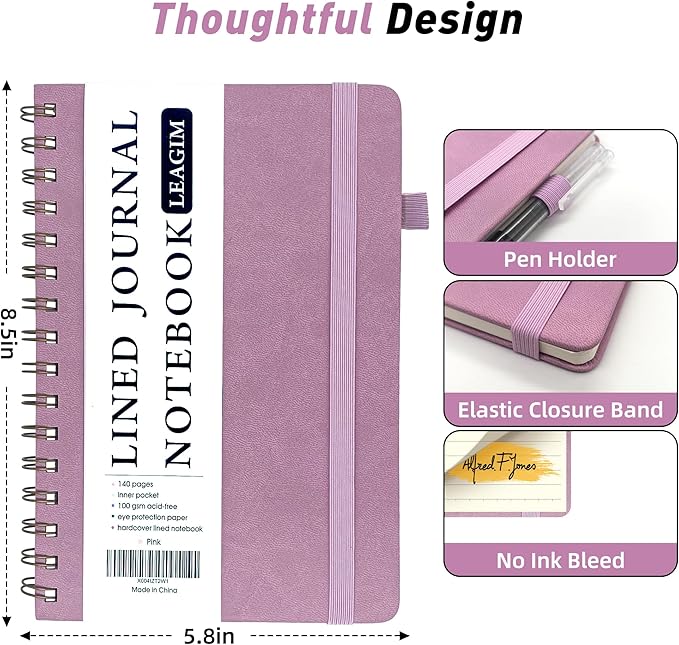 Lined Spiral Journal Notebook for Women & Men, College Ruled Hardcover Notebook for Work & Note Taking, Journals for Writing, 100 GSM, Business, School, 140 Pages, A5(5.8"x8.5") - Pink-DeskLoop Office