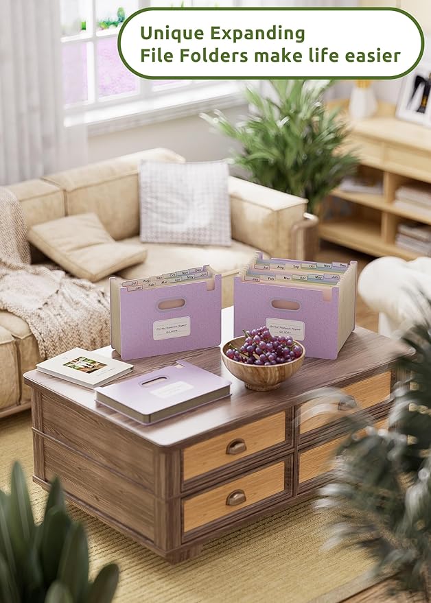 Accordion File Organizer, 12 Pockets Wheat Straw Expanding File Folders, Upright&Open Top, Monthly Bill Receipt Organizer, 100% BPA Free,Return to Nature,Healthy Living, Letter/A4 Size-Lavender Purple-DeskLoop Office