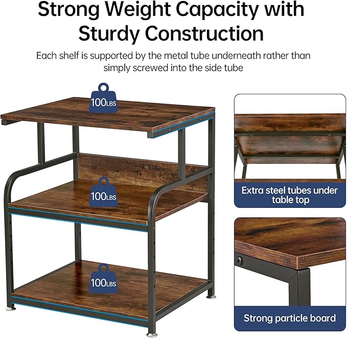 Large Printer Stand with Adjustable Storage Shelf, 3 Tier Printer Cart with Wheels for Home Office Organization, Rolling Table Stand for Heat Press Mini Fridge, Industrial Style-DeskLoop Office