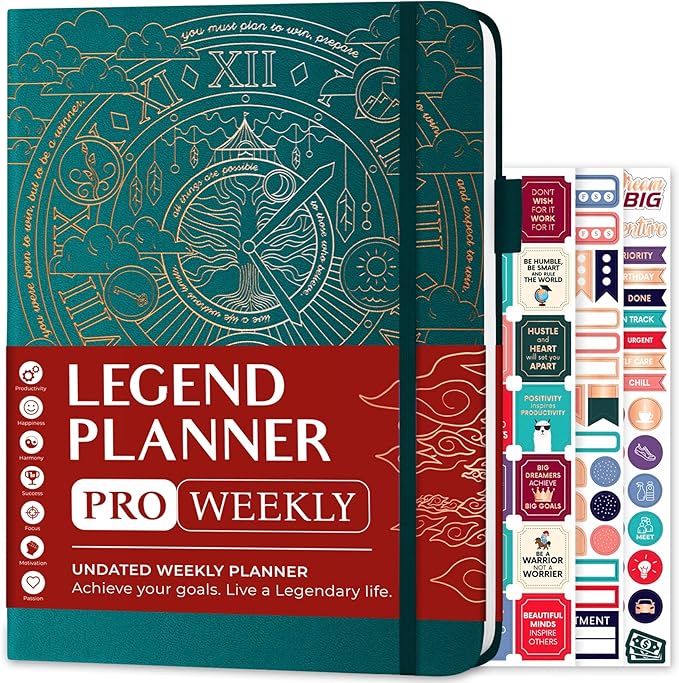 Legend Planner PRO – Deluxe Weekly & Monthly Life Planner to Increase Productivity and Hit Your Goals. Time Management Organizer Notebook – Undated – 7 x 10" Hardcover + Stickers – Dark Teal-DeskLoop Office