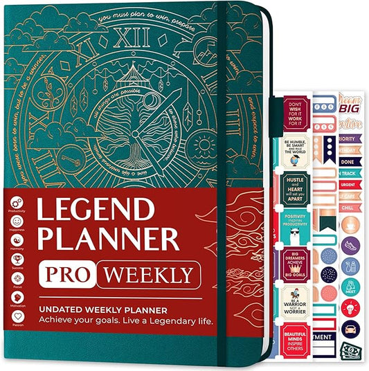 Legend Planner PRO – Deluxe Weekly & Monthly Life Planner to Increase Productivity and Hit Your Goals. Time Management Organizer Notebook – Undated – 7 x 10" Hardcover + Stickers – Dark Teal-DeskLoop Office
