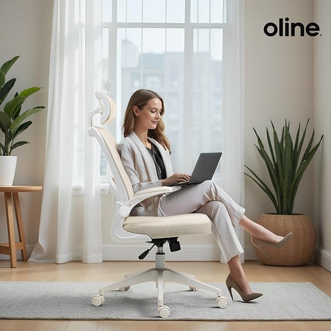 Oline ErgoAir Ergonomic Office Chair – Adjustable Lumbar Support, Flip-Up Armrests, Mesh Computer Desk Chair, Swivel Rolling Executive Gaming Chair for Home & Office (Beige)-DeskLoop Office