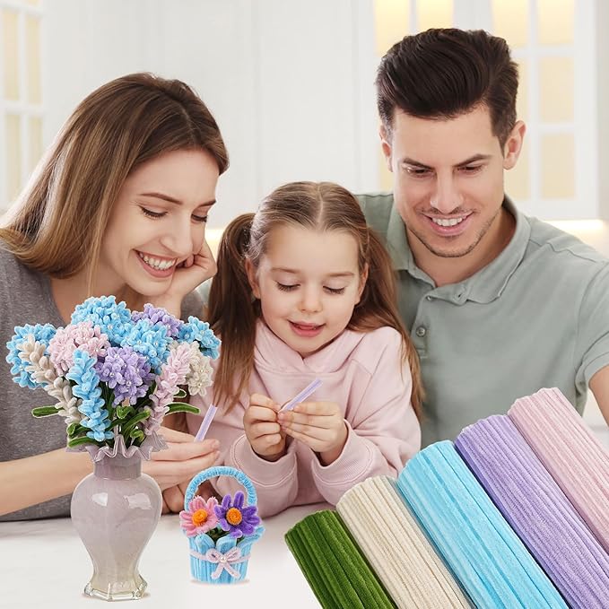 400 Pcs Craft Pipe Cleaners Flowers,5 Assorted Colors Chenille Stems Bulk with Floral Wires, Gardening Tape,Greeting Card,Bouquet Paper,Hot Glue Stick,Pearl & Ribbon,Ideals for Various Types Decor-DeskLoop Office