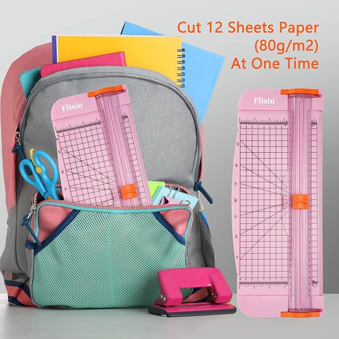 Paper Cutter,Portable Paper Slicer,12 Inch Paper Trimmer Scrapbooking Tool with Automatic Security Safeguard and Side Ruler for Craft Paper,A4 Paper,Coupon, Label and Cardstock (Pink)-DeskLoop Office