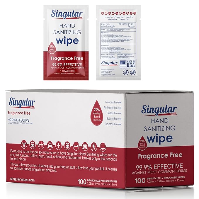Hand Sanitizing Wipes Travel Size by Singular Wipes –100ct Individually Wrapped | Fragrance-Free, Moisturizing, 70% Isopropyl Alcohol Wipes | Travel, Home, Office, Daily Use | Made in USA-DeskLoop Office