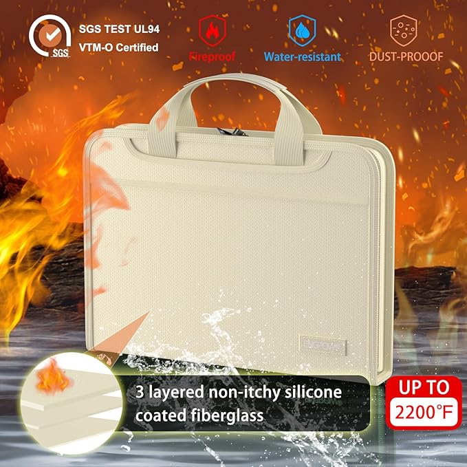 ENGPOW Accordion File Organizer,Fireproof Expanding File Folder with Multi Pockets,13 Pockets Document Organizer Bag with Handle & Labels,Portable Home Travel Safe Storage for Letter A4 Files,Beige-DeskLoop Office