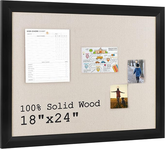 Bulletin Board Cork Board with Linen, 100% Wood Framed 18" x 24" Bulletin Board Decorations, Pin Boards for Walls, Wall Mounted Fabric Picture Board with 10 Pushpins for School, Home & Office, Black-DeskLoop Office