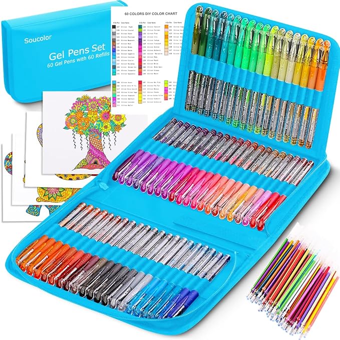 Soucolor Glitter Gel Pens for Adult Coloring Books, 120 Pack-60 Glitter Pens, 60 Refills and Travel Case, Nurse Aesthetic Cute Pens, School Office Home Supplies, Gifts for Women and Men-DeskLoop Office
