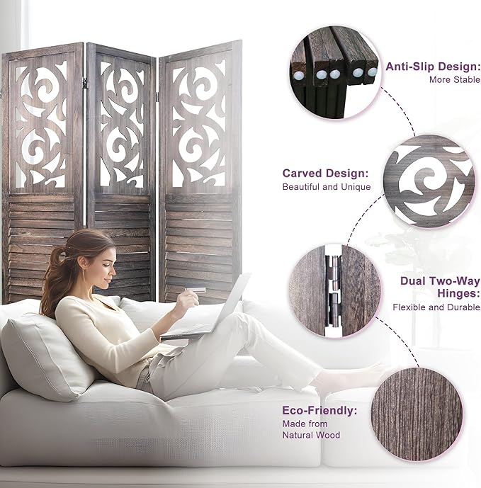 Room Divider, 5.6FT Folding Room Divider Panel, 4 Panel Craved Wood Partition Wall Divider for Room Separation, Rustic Brown-DeskLoop Office