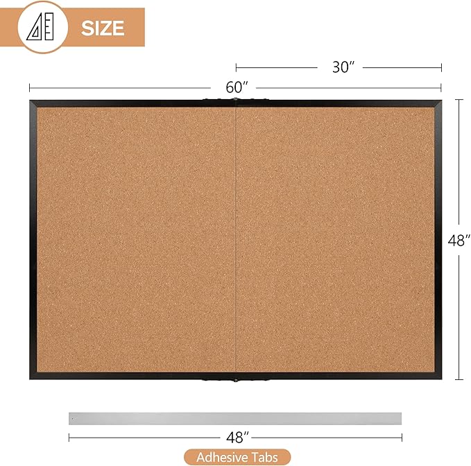 Board2by Extra Large Cork Bulletin Board 60" X 48", Foldable Notice Pin Board for Wall, Black Wood Framed 5'x4' Corkboard, Wall Mounted Noticeboard with 32 Push Pins for School, Home & Office-DeskLoop Office
