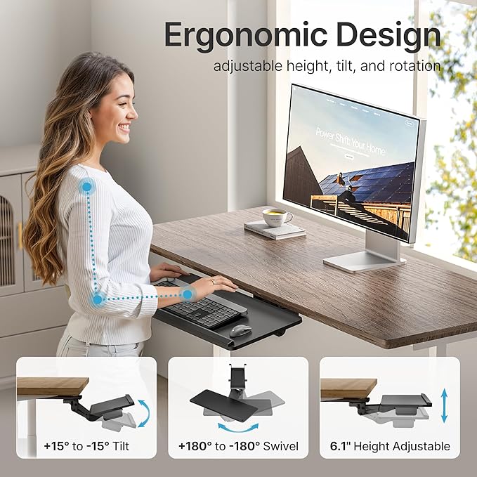 Keyboard Tray Under Desk with Storage Drawer, Height Adjustable Keyboard Tray Slide Out Swivel Tilt, Ergonomic Under Desk Mount Keyboard & Mouse Holder for Gaming Home Office, 25x11'', Black-DeskLoop Office