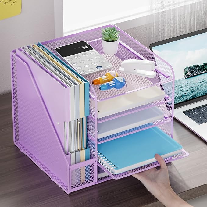 Marbrasse Desk Organizers and Accessories, 5-Tier Paper Letter Tray Organizer with File Holder, Mesh File Organizer, Office Desk Accessories & Organization for Supplies (Purple)-DeskLoop Office