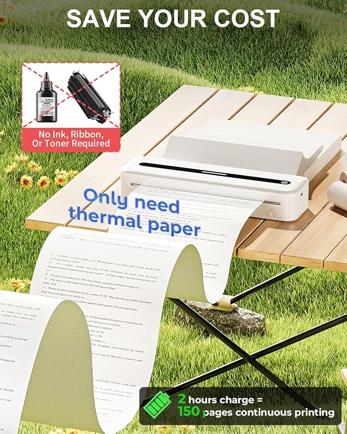 COLORWING M832 Portable Printers Wireless for Travel, 300DPI Mini Compact Inkless Printer, Thermal Bluetooth Printer Compatible with Android and iOS Smartphone & Tablet & Laptop - White-DeskLoop Office