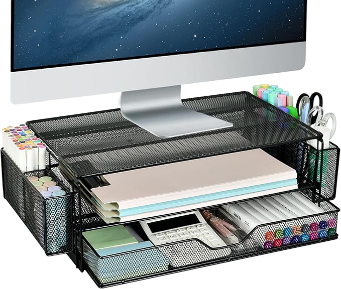 AUPSEN 2 Tier Computer Monitor Stands with Drawer and 2 Pencil Holder, Metal Monitor Stand Monitor riser, Computer Desk Organizer and Accessories for Laptop, Computer, Printer, Office Supplies(Black)-DeskLoop Office