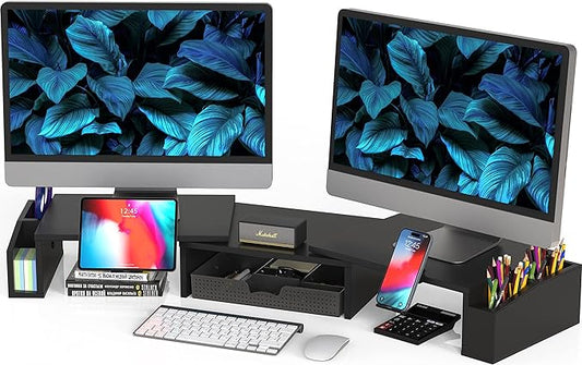 Simple Houseware Desk Dual Monitor Stand Riser with Drawer, Black-DeskLoop Office
