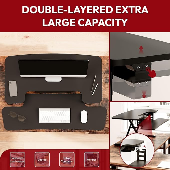 SANODESK 42" Electric Standing Desk Converter, Height Adjustable Riser for Office Home,Dual Monitor and Laptop Workstation with Large Keyboard Tray,Black Color-DeskLoop Office