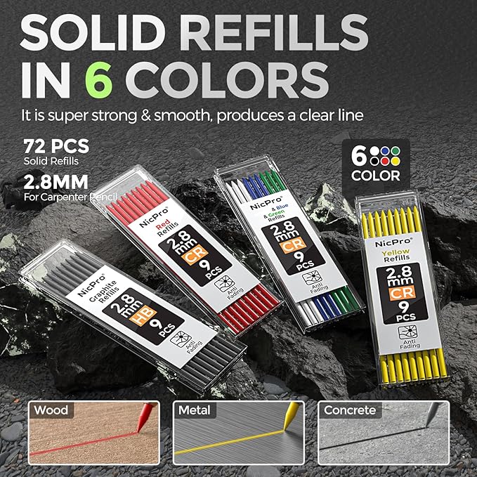 Nicpro 4 Pack CP3000 Carpenter Pencil with Sharpener, Mechanical Pencils Set with 76 Refills, Heavy Duty Construction Pencil, Carpenter Tools for Architect Marking (Red, Black, Yellow, Green)-DeskLoop Office