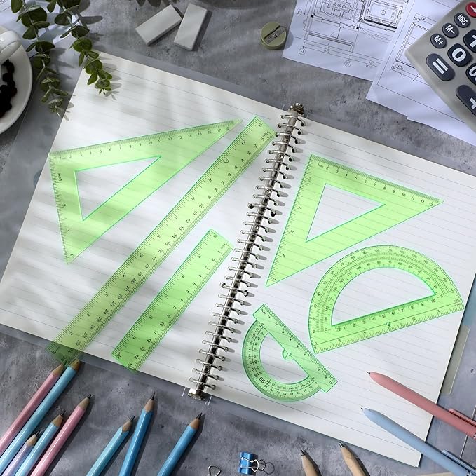 Tenare 6 Pcs Plastic Ruler Math Set Includes 12 Inch 6 Inch Straight Protractor Triangle Geometry Transparent Math Ruler Measuring Tools for School Office Home(Green)-DeskLoop Office