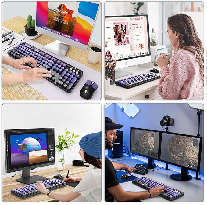 FOPETT Wireless Keyboard and Mouse Combo - 2.4G Full-Sized Cute Colorful Mouse and Keyboard with 104 Round Keys Retro Typewriter Keyboard for Laptop/Windows/PC - Purple Gradient-DeskLoop Office