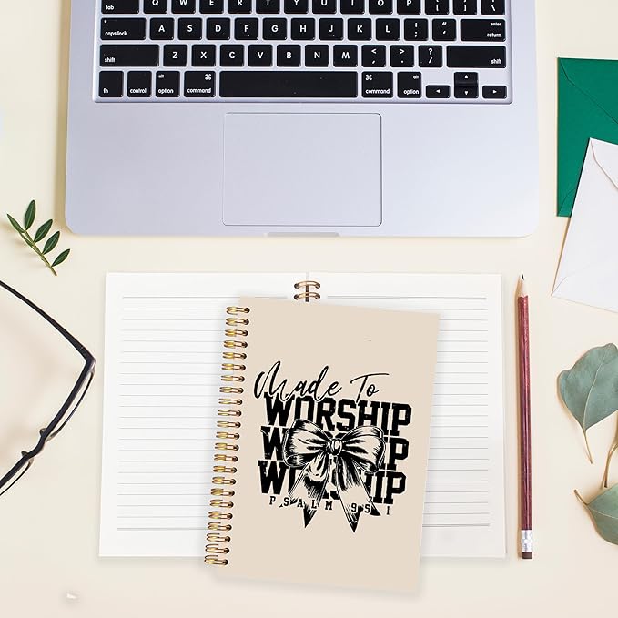 BearCake Christian Coquette Bow Notebook Journal, Made to Worship Prayer Journal for Women, Preppy Christian Gifts for Women, Bible Journaling Neutral Hardcover Spiral Notebook 5.5x8.3-DeskLoop Office