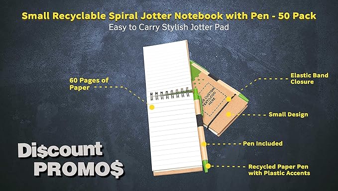 DISCOUNT PROMOS 50 Recyclable Spiral Small Notebooks Pack - Customizable Text, Logo - 60 Lined Pages - Lime Green