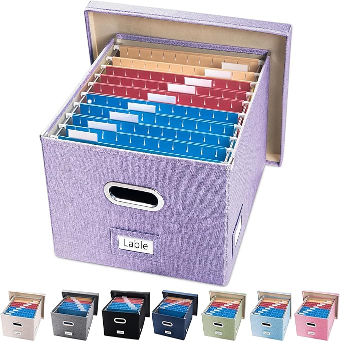 PRANDOM File Organizer Box - Set of 1 Collapsible Decorative Linen Filing Storage Hanging File Folders with Lids Office Cabinet Letter/Legal Purple (17x14x11.2 inch)-DeskLoop Office
