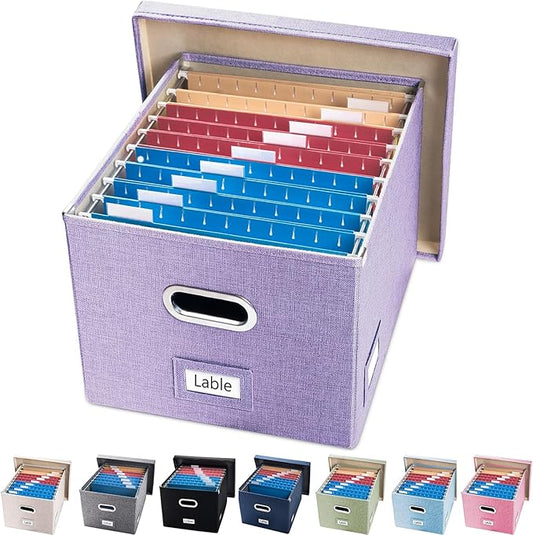 PRANDOM File Organizer Box - Set of 1 Collapsible Decorative Linen Filing Storage Hanging File Folders with Lids Office Cabinet Letter/Legal Purple (17x14x11.2 inch)-DeskLoop Office