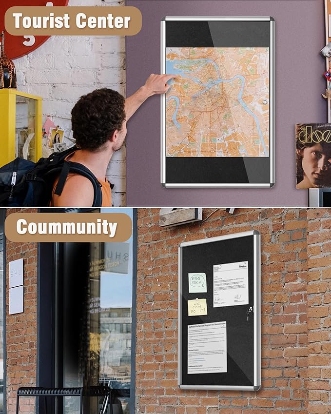 36"x24" Enclosed Bulletin Board, Lockable Weather-Resistant Aluminum Cork Noticeboard for School & Office, Silver Frame w/Black Flet-DeskLoop Office