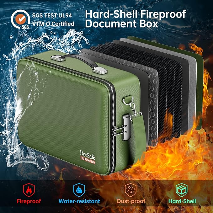 DocSafe Fireproof Document Box with Lock, Hard Case File Organizer with Accordion File Folder, Fireproof Water Resistant Safe Box Home Office Travel Storage for Important Documents Laptop Green-DeskLoop Office