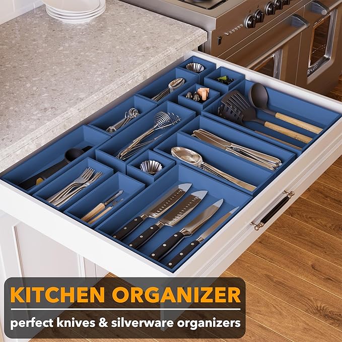 SpaceAid 14-Piece Bamboo Drawer Organizer Storage Boxes Set, Wood Tray Junk Drawer Organizers Multi-Use Divider Bins for Kitchen, Bathroom, Office Desk and Makeup Organization (14 Pack, Navy Blue)-DeskLoop Office