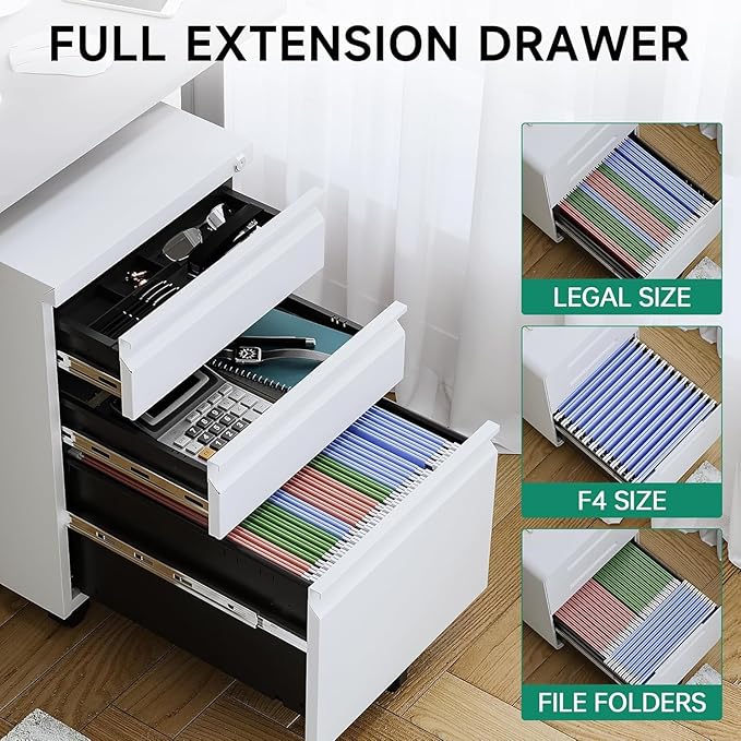 Letaya 3 Drawer Mobile File Cabinet with Lock, Under Desk Metal Rolling Filing Cabinets for Home Office Organizer Letters/Legal/A4 (White- Requires Installation) (White)-DeskLoop Office