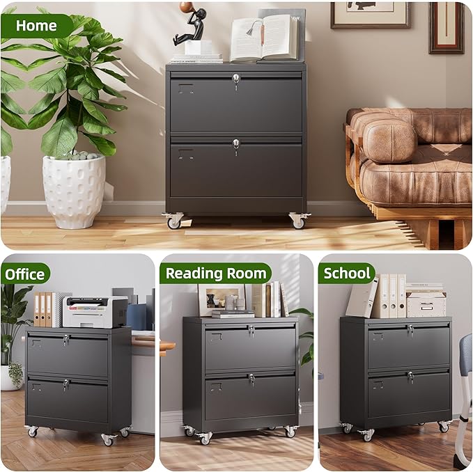 Aobabo 2 Drawer Wide File Cabinet with Wheels, Lockable Metal Filing Cabinet for Home Office, Legal/Letter Size,Black,Required Assembled,15.87" D x 28.94" W x 34" H-DeskLoop Office