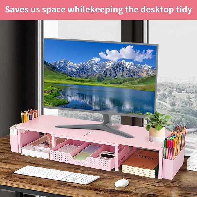 Desk Dual Monitor Stand Riser - Wood Desk Organizer with Drawer and Pen Holders, Office Desk Accessories & Workspace Organization, Computer Monitor Stand for Laptop Printer, Girl Pink-DeskLoop Office