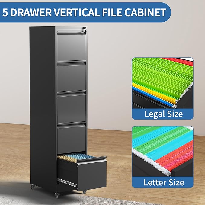 5 Drawer Mobile File Cabinet, Metal Filing Cabinet with Lock and Wheels, Home Office Rolling File Cabinets for Legal/Letter Hanging File Folders, Un-Assembled (Black)-DeskLoop Office