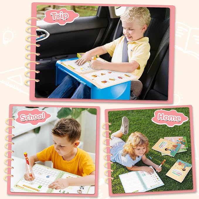 Large Size Grooved Writing Books for Kids Age 3-5 6-8, 8 Pack Magic Grooved Writing Practice Copybooks, Handwriting Prastice with Cute Fade-Resistant Pens, Workbooks Number Letter Tracing for Kids-DeskLoop Office