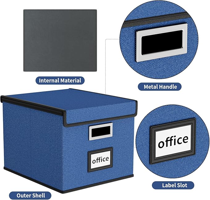 Huolewa Decorative File Organizer Boxes Office Document Storage with Lids, Portable Collapsible Linen Hanging Filing & Storage Boxes for Office/Decor/Home (Royal Blue) -14.9 x 12.7 x 10.8 inch -4 Pack-DeskLoop Office