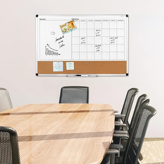 VUSIGN Monthly Calendar Whiteboard Dry Erase Cork Board Combo, 24" x 36" Planning Board, Silver Aluminium Frame-DeskLoop Office
