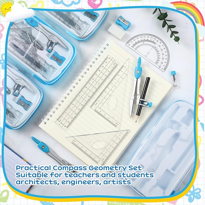 Teling 12 Sets Math Geometry Kit for Students 10 Pcs Compass Geometry Tools Set Includes Rulers Protractor Compass Eraser Pencil Sharpener Lead Refills Pencil (Blue)-DeskLoop Office