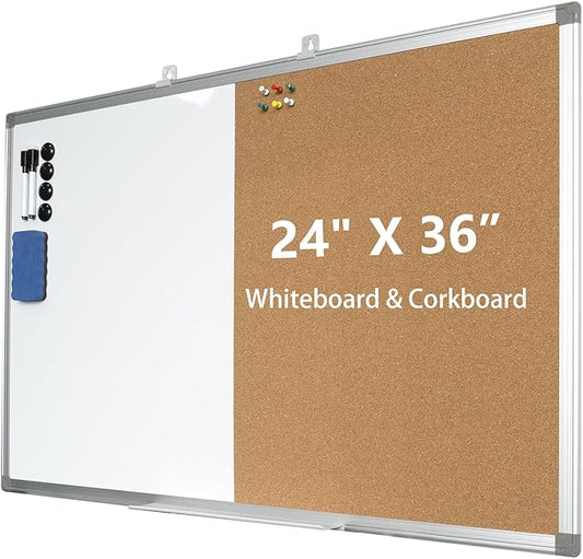 Combination Writeboard 36"x 24" Magnetic Whiteboard & Cork Board Aluminium Frame Dry Erase Board Bulletin Board Wall Mounted Memo Message-DeskLoop Office