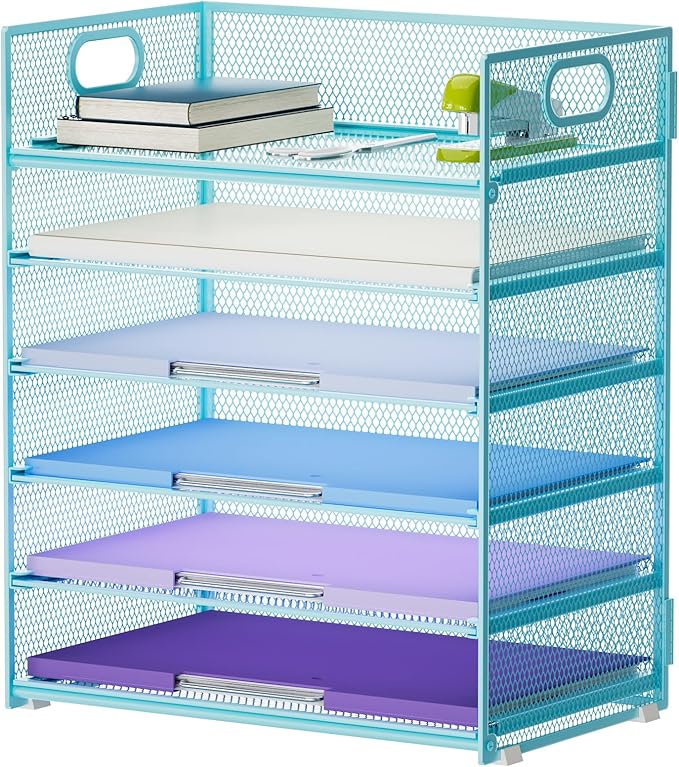 Marbrasse 6 Tier Paper Organizer Letter Tray - Mesh Desk File Organizer with Handle, Paper Sorter for Letter/A4 Office File Folder Holder -Blue-DeskLoop Office