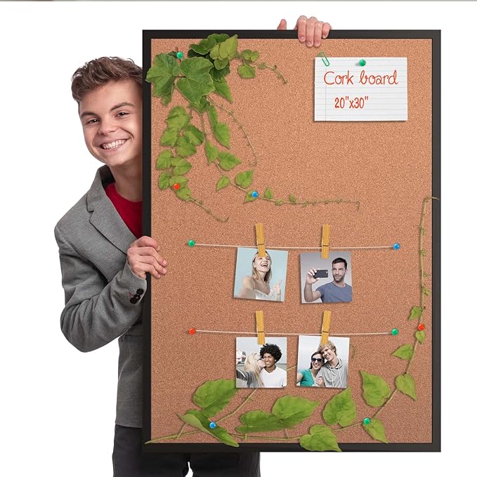 Board2by Cork Board Bulletin Board 20“ x 30”, Black Wood Framed Corkboard, Office Board for Wall Cork, Large Wall Mounted Notice Pin Board with 16 Push Pins for School, Home & Office-DeskLoop Office