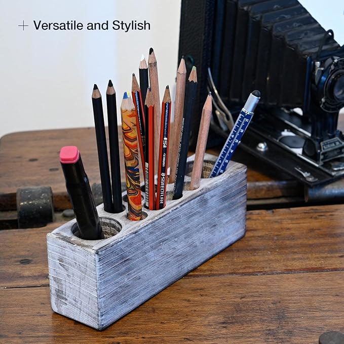 Whitewashed Wooden Pen Holder, Grey Solid Wood Desk Organizer, Rustic Paint Brush Holder and Art Supplies Organizer-DeskLoop Office