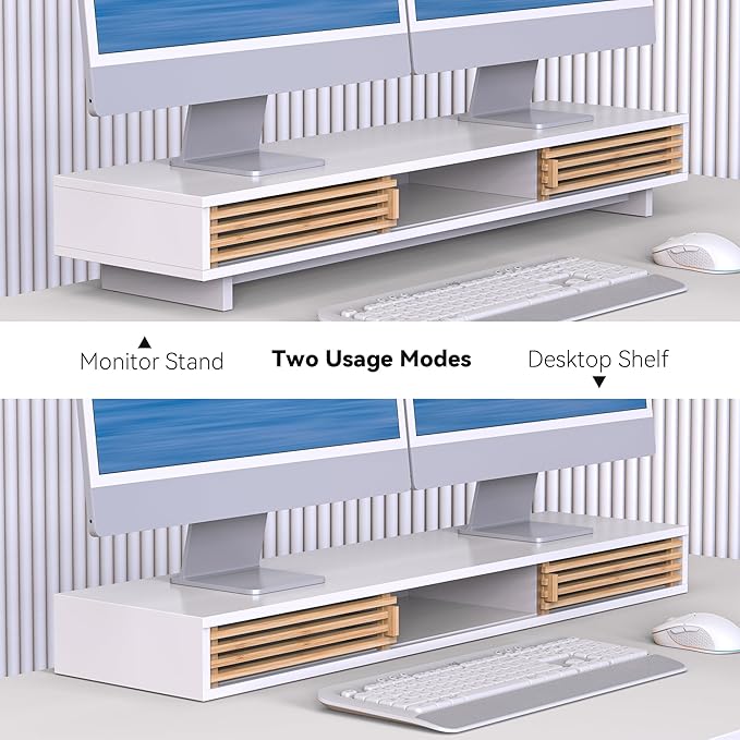Dual Monitor Stand Riser with Sliding Door, Double Computer Laptop Stand Desk Shelf Organizer with Storage (White + Natural Bamboo, 38 Inch)-DeskLoop Office